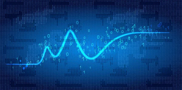 Grafico delle onde al neon sullo sfondo del codice binario — Vettoriale Stock