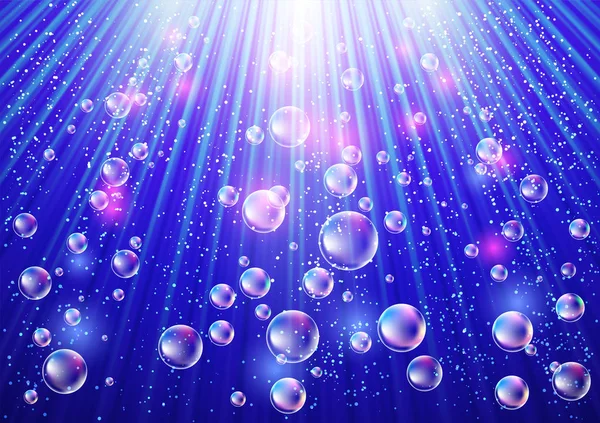 Fonkelende achtergrond met gloeiende stralen en zeepbellen — Stockvector