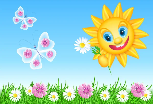 Αστεία καλοκαιρινό ήλιο με Μαργαρίτα και Λιβάδι λουλούδια και πεταλούδες — Διανυσματικό Αρχείο