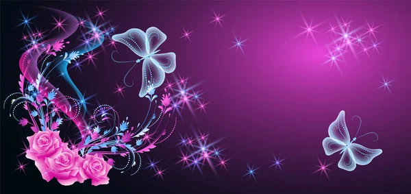 Neon-Schmetterlinge und Rosen mit glänzenden Sternen — Stockvektor