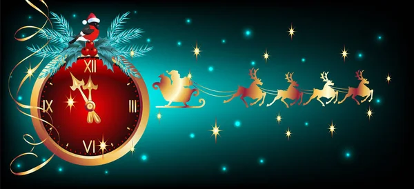 Kerstkaart met gouden klokkenspel en bullfinches in Santa hat a — Stockvector