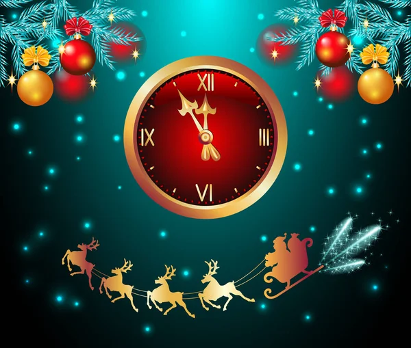 Weihnachtskarte mit goldenem Glockenspiel und Kugeln auf Tannenzweig und — Stockvektor