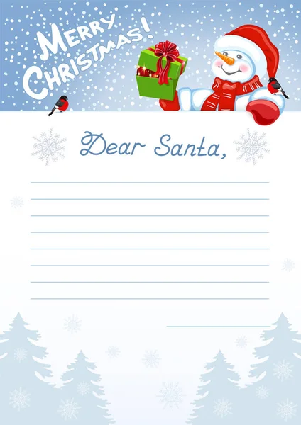 Layout  letter to Santa Claus with wish list and funny Snowman w — 스톡 벡터