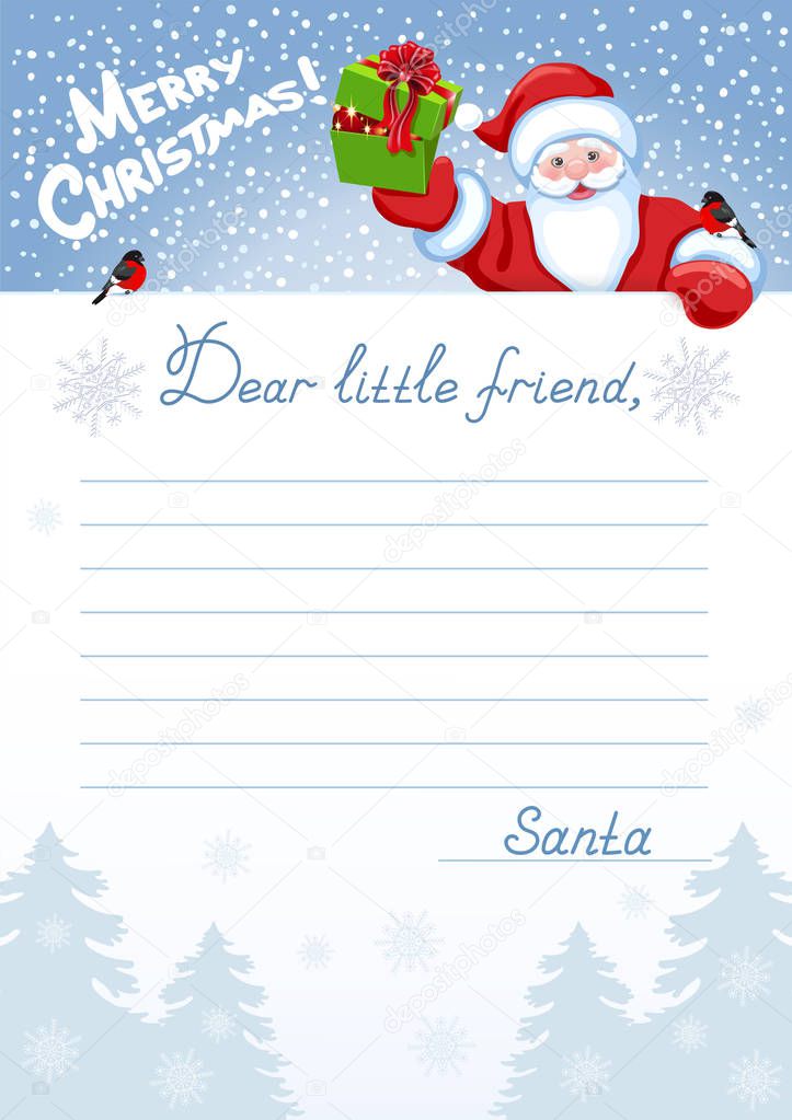 Layout letter to Santa Claus with wish list and cartoon funny Sa