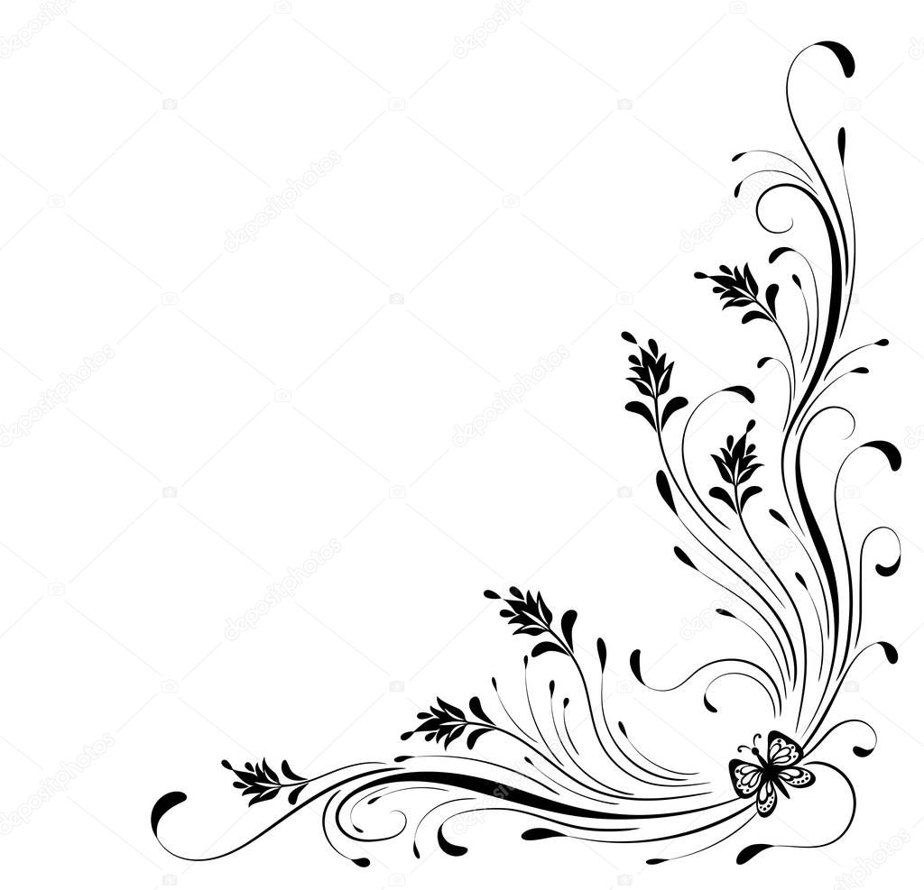 Decorative floral corner ornament with butterfly for stencil iso