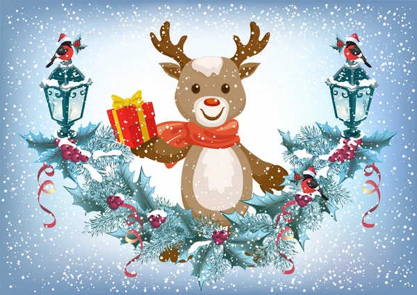 Weihnachtskarte mit Hirsch in Geschenkschachtel und Fichtengirlanden-Witz — Stockvektor