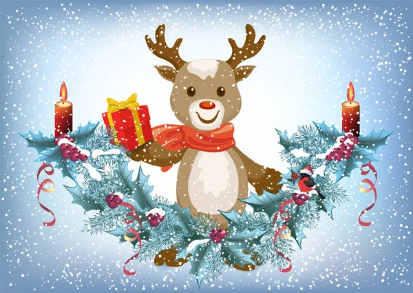 圣诞贺卡，驯鹿提着礼品盒和云杉 — 图库矢量图片