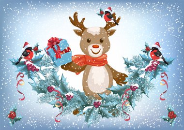 İçinde geyik olan Noel kartı. Hediye kutusu ve ladin ağacı var.