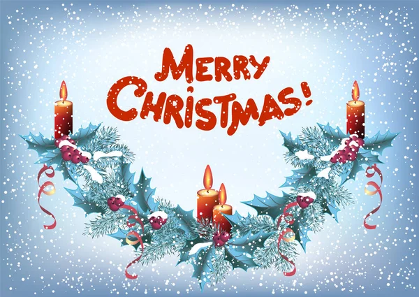 Ghirlanda di abete rosso natalizio con quattro candele e iscrizioni ardenti — Vettoriale Stock