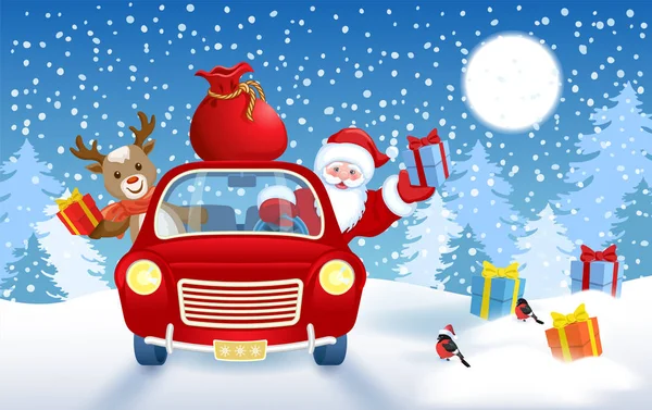 Noel kartında Noel Baba ve geyik yavrusu kırmızı bir arabada — Stok Vektör