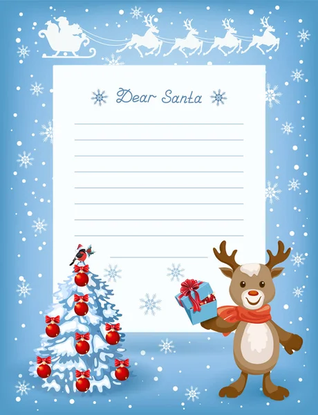 サンタクロースへのレイアウト手紙とクリスマスの願いと面白い鹿 — ストックベクタ