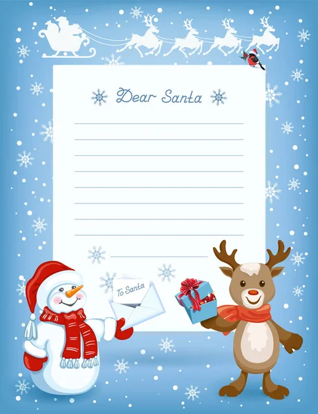 Lettre de mise en page au Père Noël et bonhomme de neige drôle avec le Noël — Image vectorielle