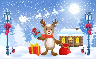Noel kartı. İçinde geyik yavrusu ve Noel Baba 'nın hediyeleri var.