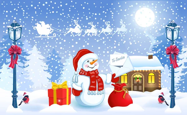 Kartka świąteczna z zabawnym bałwanem trzymając kopertę z lis życzenia — Wektor stockowy