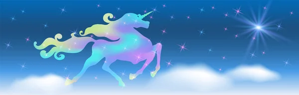 Licorne irisée galopante avec prancin crinière enroulante luxueuse — Image vectorielle