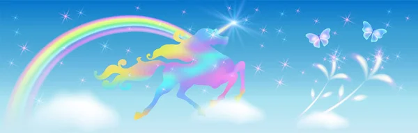 Galloping iridescent unicorn dengan surai mewah berkelok-kelok prancin - Stok Vektor