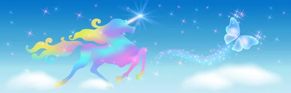 Iridescent unicorn dengan surai berkelok-kelok mewah dan kupu-kupu aga - Stok Vektor