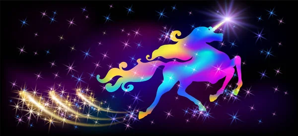 Neon unicorn dengan surai berkelok-kelok mewah, bintang bercahaya di tanduk - Stok Vektor