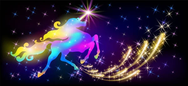 Unicornio de neón con lujosa melena, estrella brillante en cuerno a — Archivo Imágenes Vectoriales