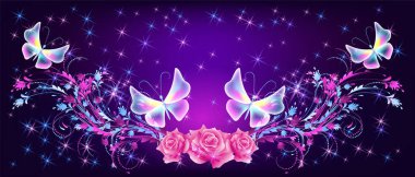 Pembe güller, süs ve ışıltı yıldız ile Uçan fantezi kelebekler