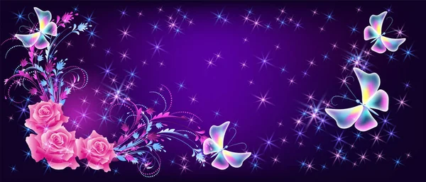 ピンクのバラ 装飾品と輝く星と飛ぶファンタジー蝶 — ストックベクタ