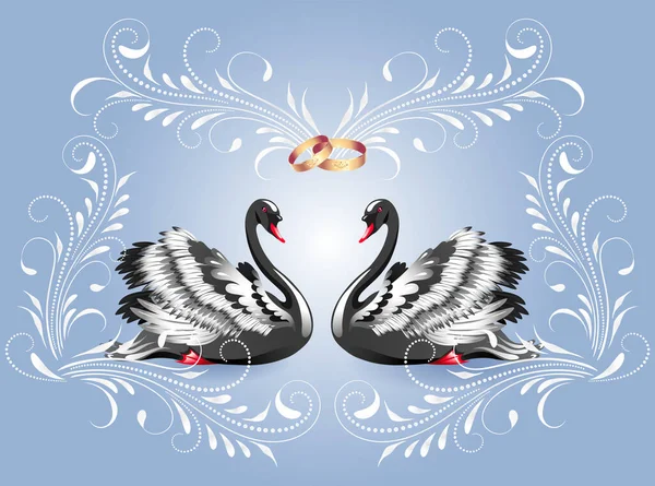 Декоративна Листівка Двома Чорними Лебедями Вінтажним Розкішним Орнаментом Золотими Кільцями — стоковий вектор