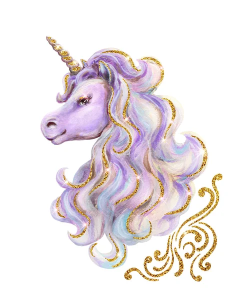 Retrato Lindo Unicornio Mítico Con Lujosa Melena Adorno Oro Elementos —  Fotos de Stock