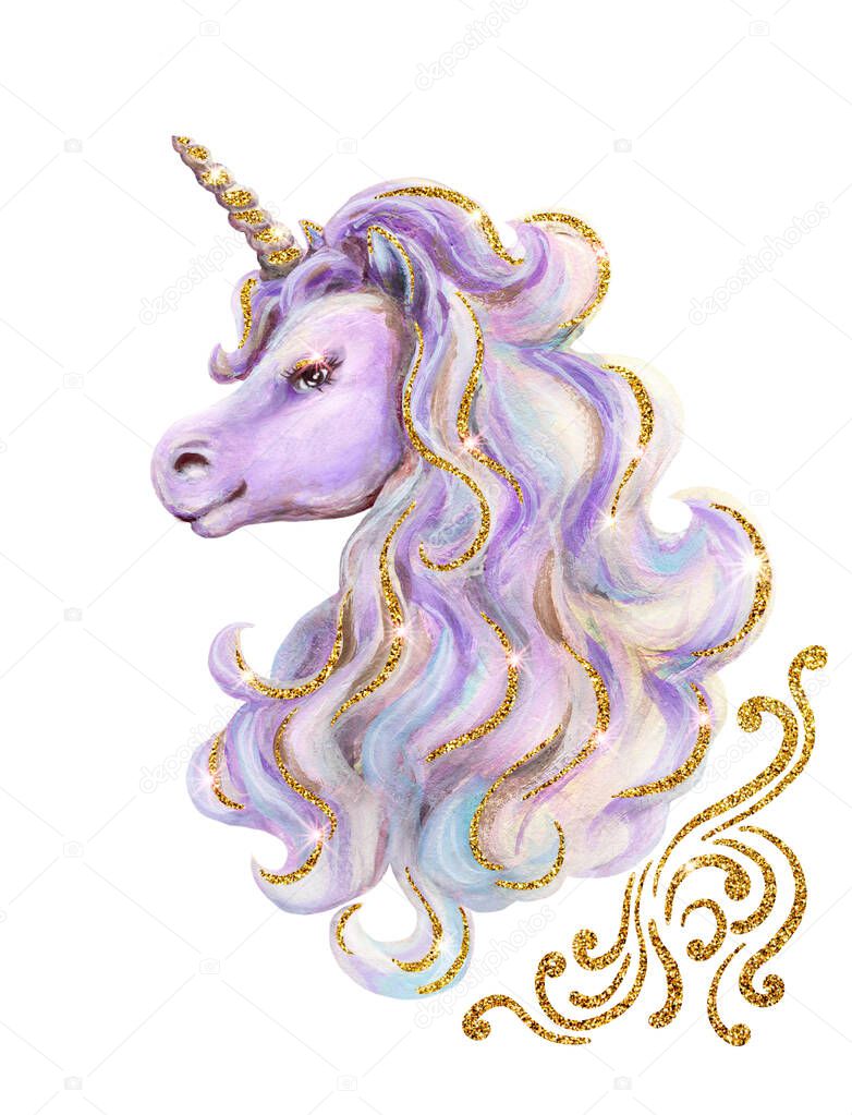 Portrait cute mythical unicorn with luxurious mane, golden ornament and gold glitter elements on mane. Watercolor and acrylic painting hand drawn illustration.