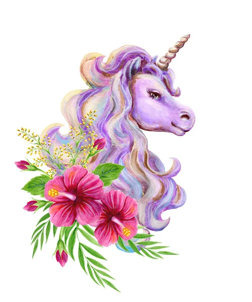 Retrato Lindo Unicornio Mítico Con Melena Lujo Adorno Floral Rosas —  Fotos de Stock