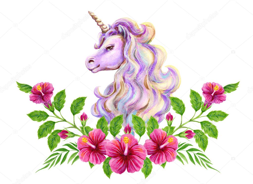 Portrait cute mythical unicorn with luxurious mane, floral ornament of roses hibiscus. Watercolor and acrylic painting hand drawn illustration.