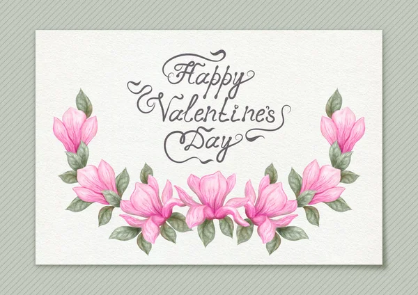 발렌타인은 손으로 수채화 분홍빛의 그리는 그림으로 카드를 만들었다 본문이 공휴일 — 스톡 사진