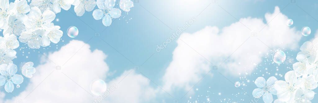 Amazing white cherry flowers and soap bubbles against the clouds sky. Spring banner. Concept clean air and ecology environment.