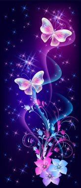 Uçan fantastik kelebekler mistik çiçekleri ve parıldayan yıldızlarıyla