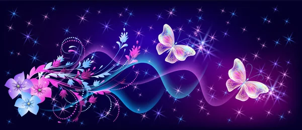 Flying Fantasy Fabulous Butterflies Mystical Flowers Ornament Sparkle Glowing Stars — Stock Vector