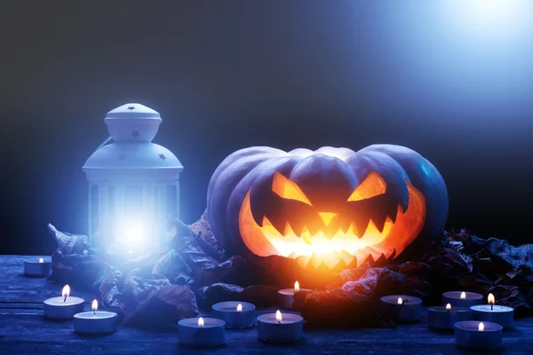 Halloween pompoen in het donker — Stockfoto