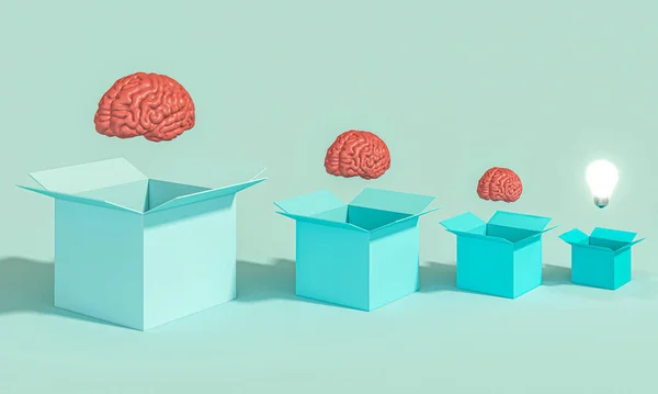 Boxes with human brains and a lit light bulb. — Stock Photo, Image