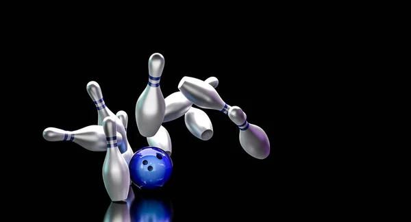 Bowling míč zasáhne kolíky tím, že dělá stávku. — Stock fotografie