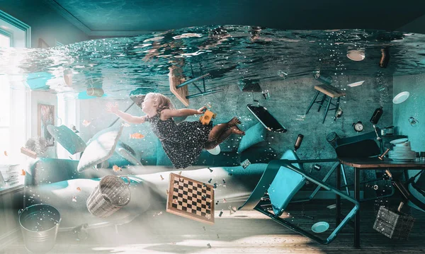 Image of a little girl floating in the water — Stock Photo, Image