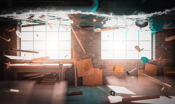 3D-Renderbild einer völlig überfluteten Tischlerei. — Stockfoto