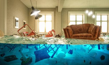 living room flooded with floating chair and no one above.  clipart