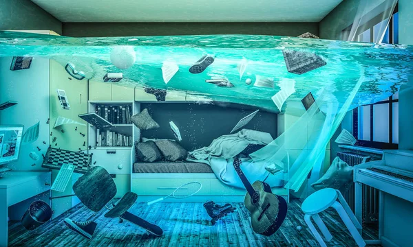 Completely flooded children's room 3d — Stock Photo, Image