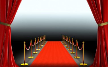 kırmızı perdeler ve halı ile bariyerler ve saten kordon. 