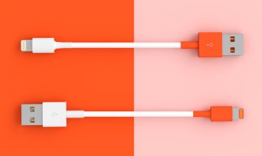 Flatlay biçiminde iki renkli arkaplan üzerinde usb kablosu.