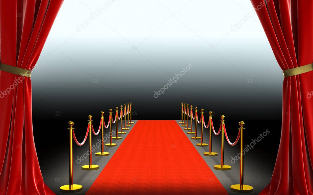 red curtains and carpet with barriers and satin cord. 
