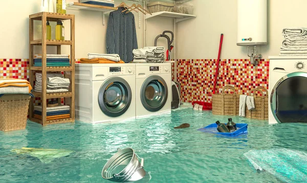 水淹洗衣店内部的3D渲染图像. — 图库照片
