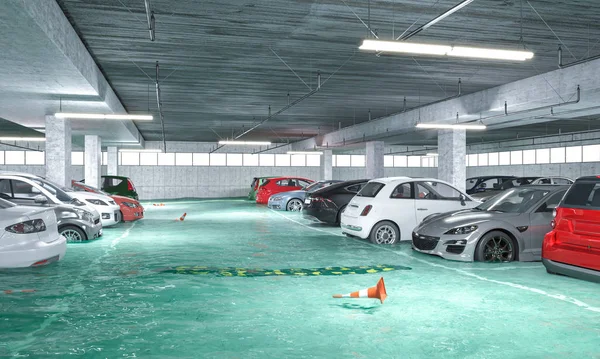 Image en 3D d'un parking souterrain inondé . — Photo