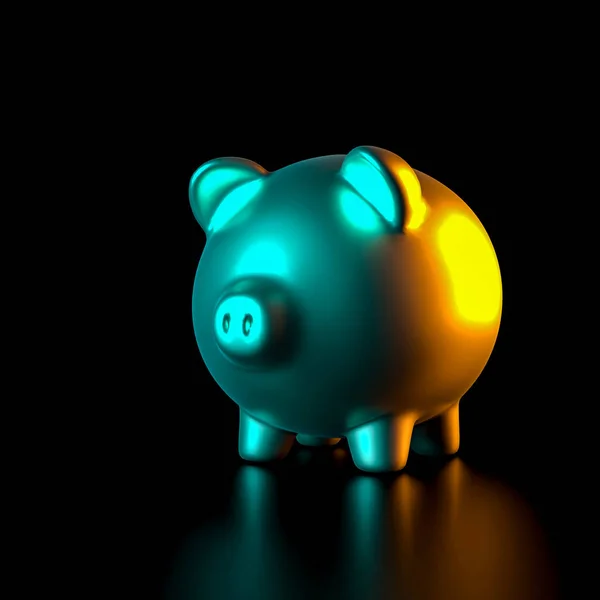 Golden piggybank on black and colored side lights. — 스톡 사진