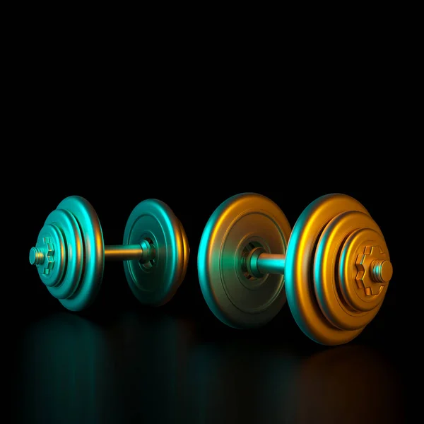 Gold-colored training dumbbells on a black background. — Stock Photo, Image