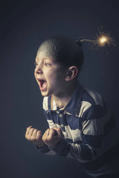 6 year old kid caucasian boy near to explode — Stock Photo, Image