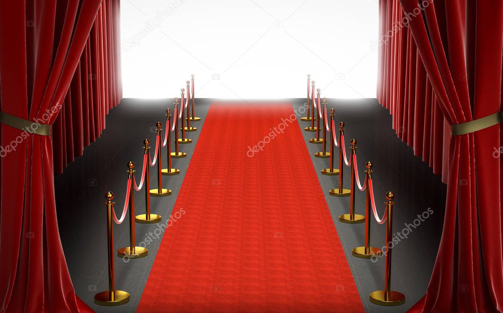 entrance of a theater, red carpet with curtains and barriers 